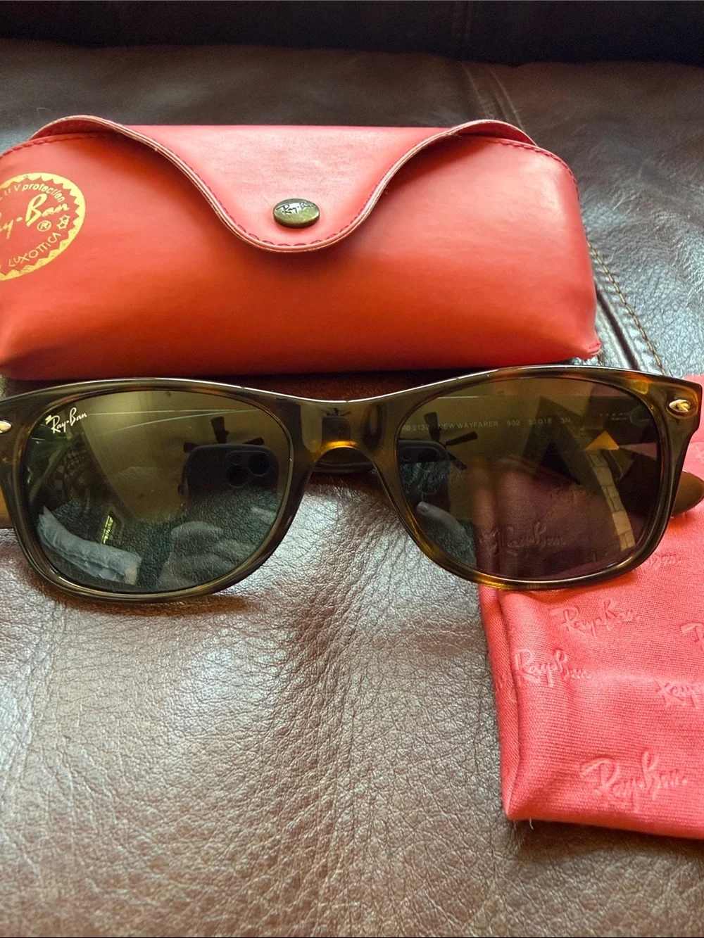 Ray-Ban Brown Tortoiseshell Frame Sunglasses with Black Lenses and Red Case
